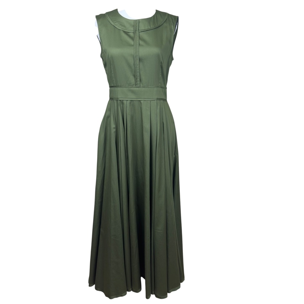 'S Max Mara Olive Green Sleeveless Fit & Flare Maxi Dress Pleated Full Skirt